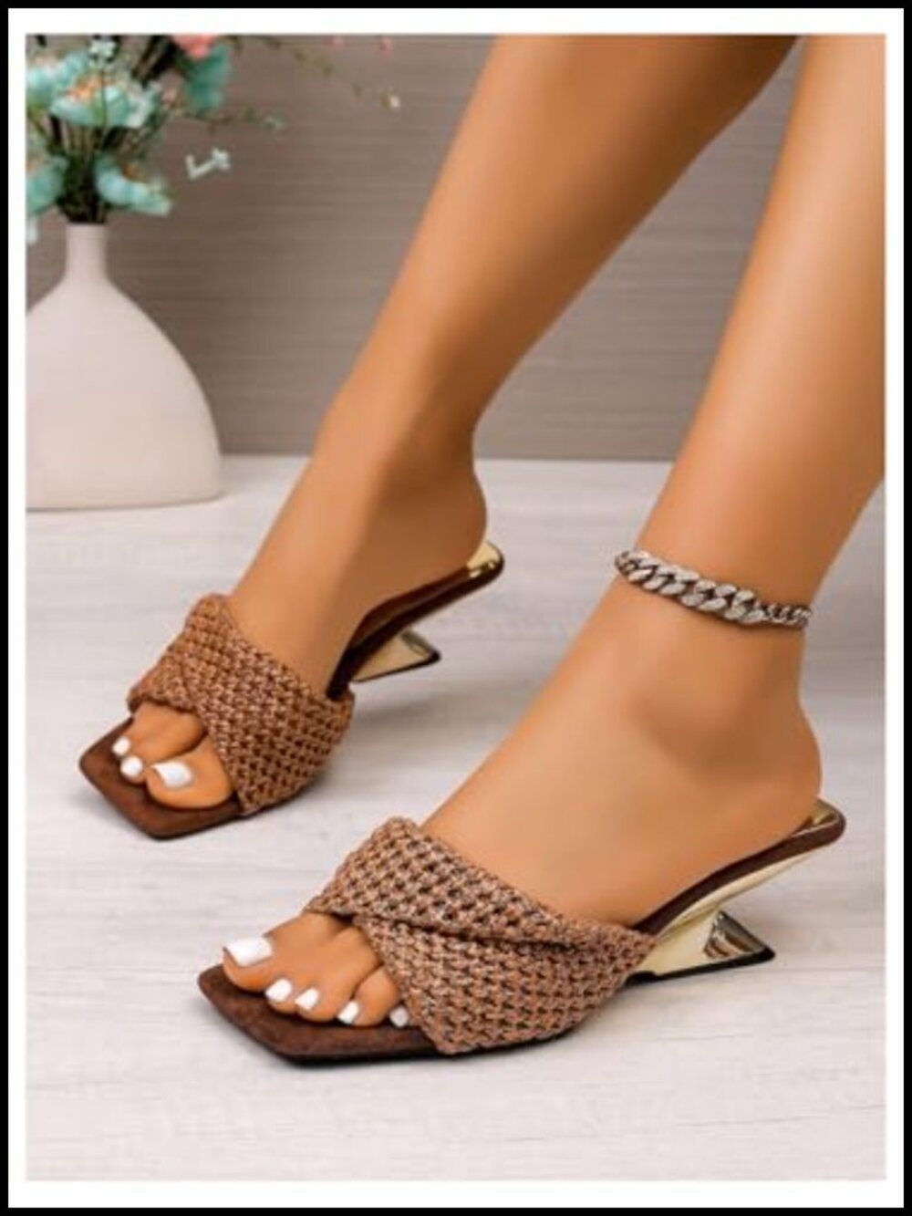 Raffia Wedge Sandals Boho Square Toe Slip On Heeled Sandals Dressy - Picture 3 of 4